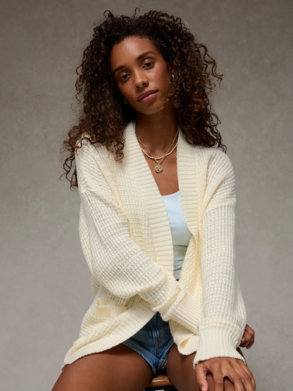 American Eagle Cream Open-Front Ribbed Pocket Cardigan in XXL